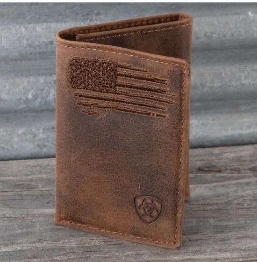 Leather Goods * | Ariat International Ariat Flag Brown Trifold Wallet A3545402