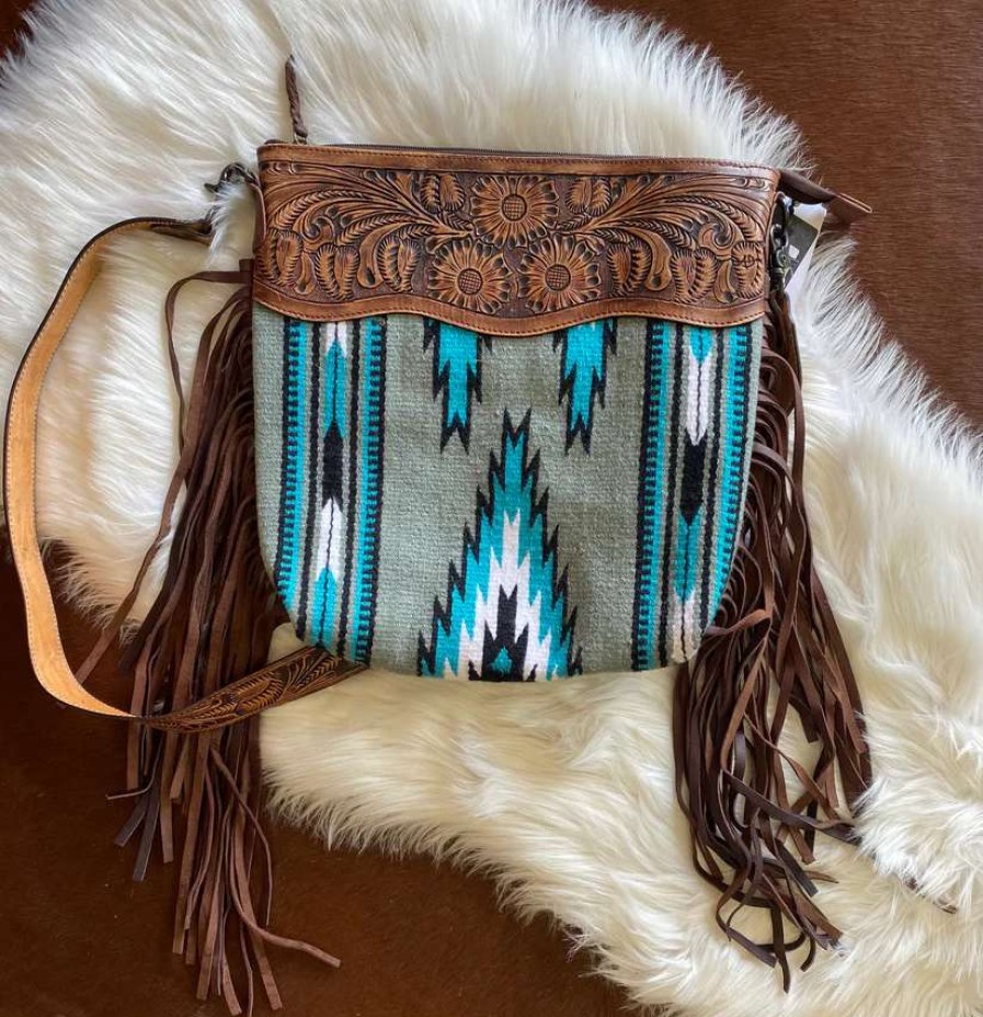 Leather Goods * | American Darling Adbgz222 Fringe Saddle Blanket Messenger Bag