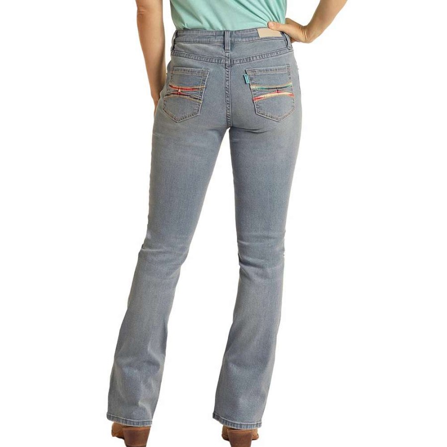 Jeans * | Light Wash Mid Rise Bootcut W/Serape Inlay Pocket Hooey Ladies Jeans