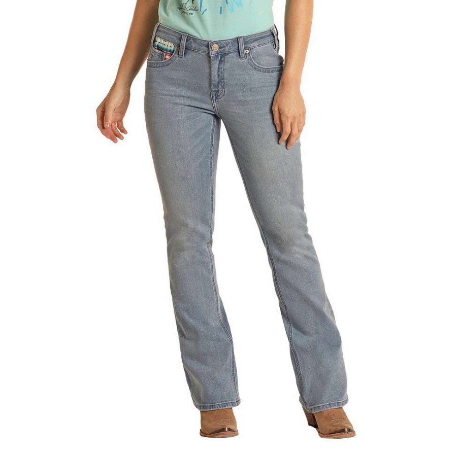 Jeans * | Light Wash Mid Rise Bootcut W/Serape Inlay Pocket Hooey Ladies Jeans