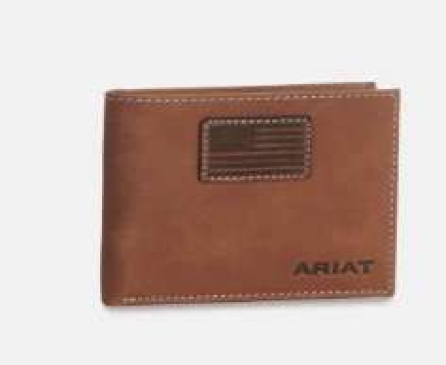 Leather Goods * | Ariat International Ariat Men'S Tan With Flag Patch Bifold Wallet A3548544