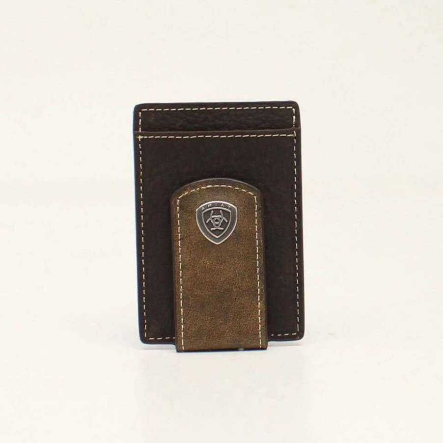 Leather Goods * | Ariat International Ariat Men'S Shield Concho Brown Money Clip Wallet A3544702