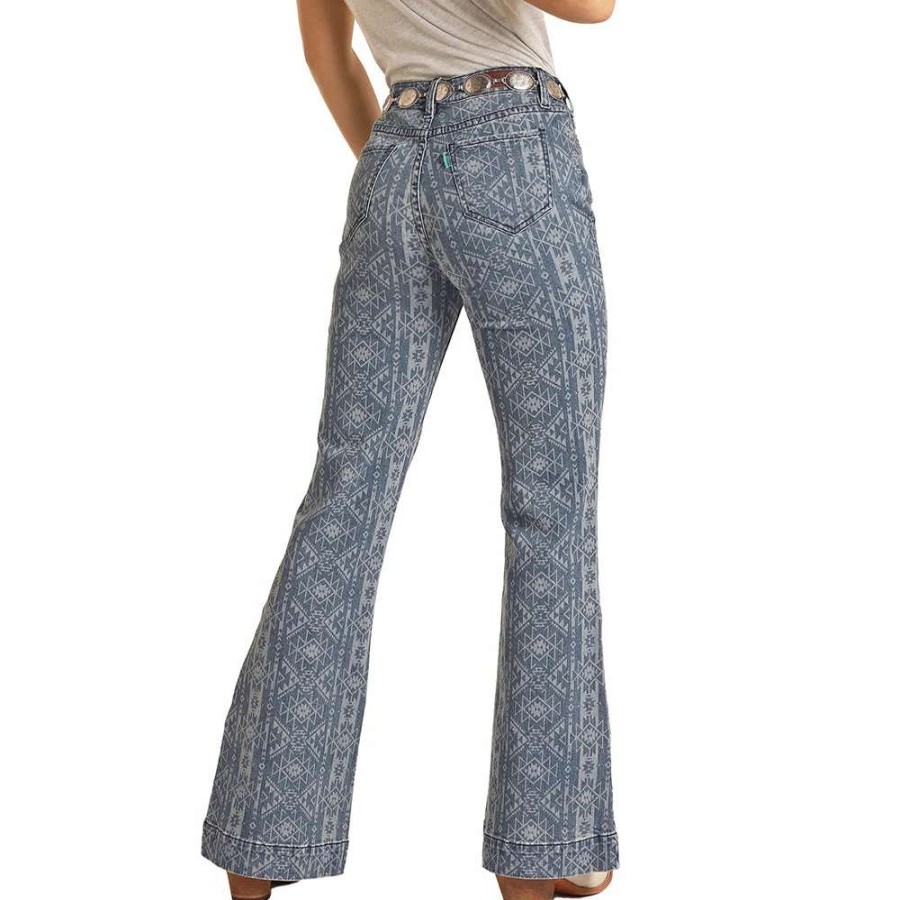 Jeans * | Hooey Medium Wash Aztec Print High Rise Trouser Jeans