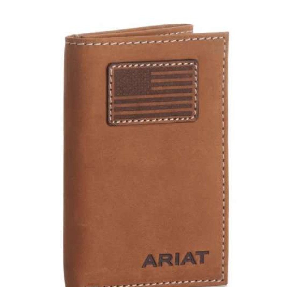 Leather Goods * | Ariat International Ariat Men'S Tan With Flag Patch Trifold Wallet A3548444